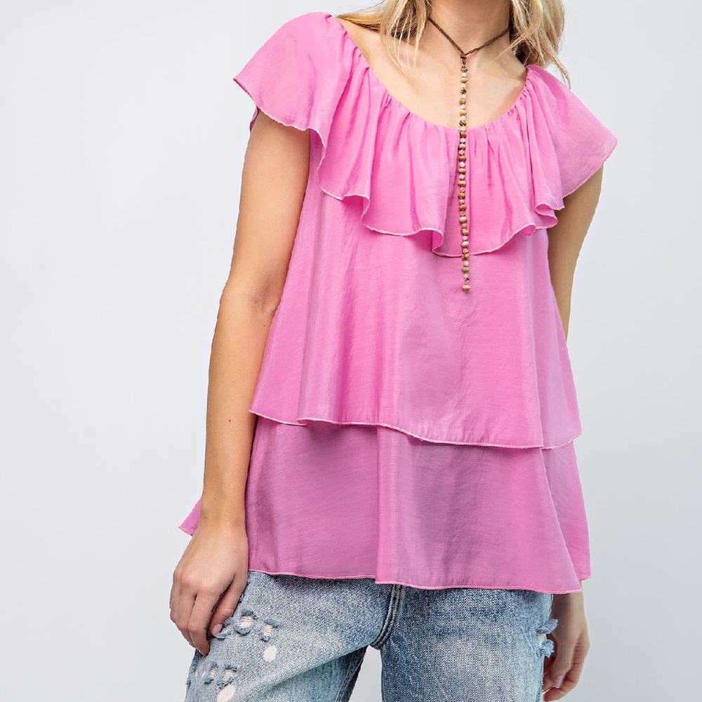NWT EASEL Bohemian Bubblegum Pink Ruffle Top S M L